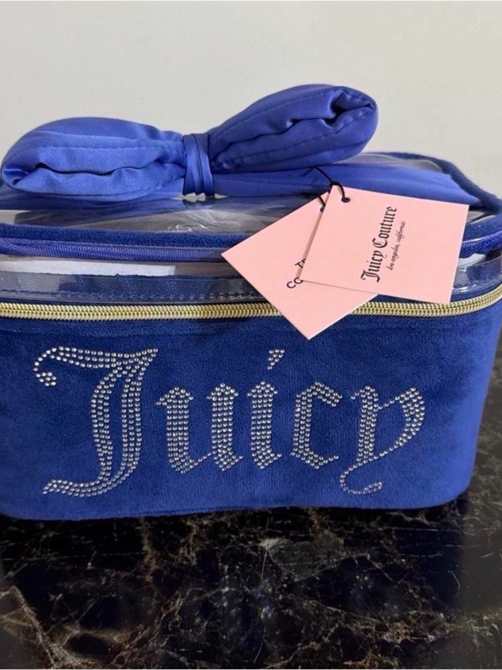 Juicy Couture Royal Blue Velvet Rhinestone Cosmetic Case with Pink Tags